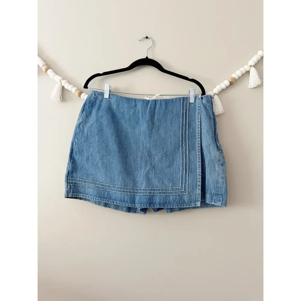 NWOT Damson Madder Rory High Rise Denim Wrap Skort Embroidered Trims Blue 16 - Picture 4 of 5
